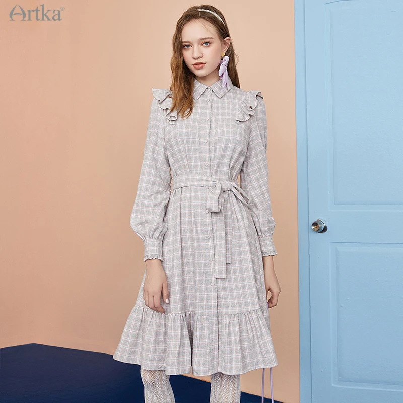 

ARTKA 2021, осенне-зимнее новое женское платье, элегантное клетчатое платье-рубашка с оборками, свободное длинное платье с длинными рукавами и поясом, LA22003D