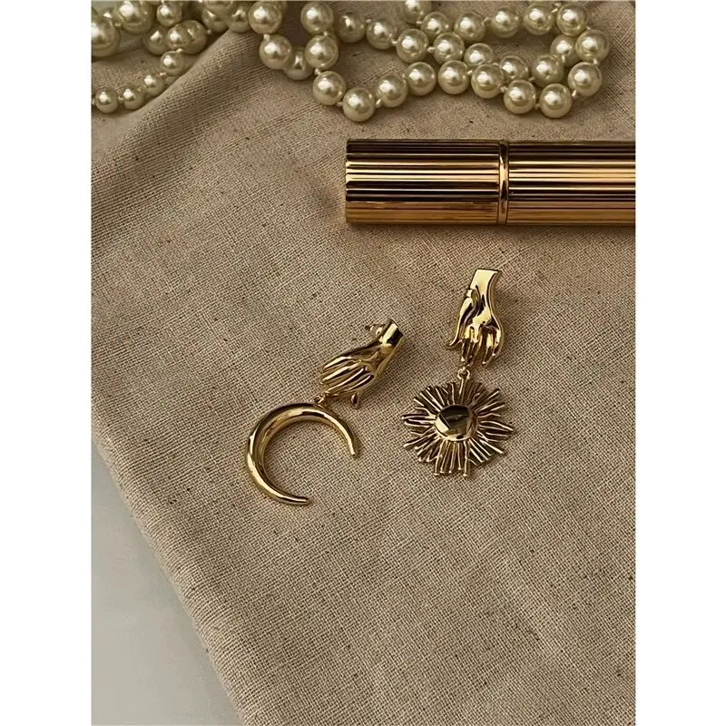 Gold Hand Earrings Sun and Moon Dangle Drop Earring for Women Asymmetric Statement Jewelry