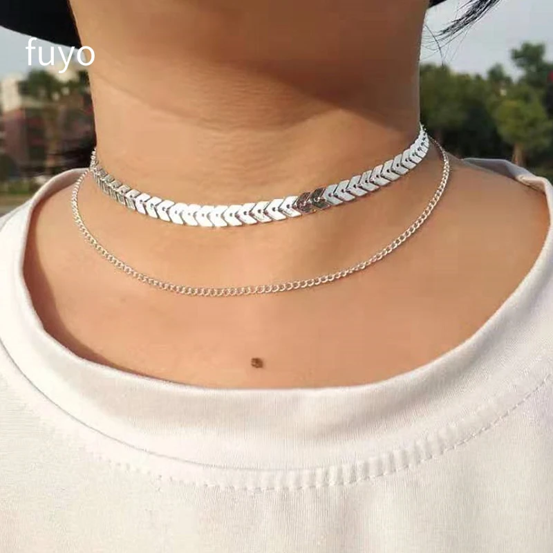 2020 Necklace Women Two Layers Necklaces Fishbone Necklace Flat Chain Chocker Wedding Party Neck Jewelry