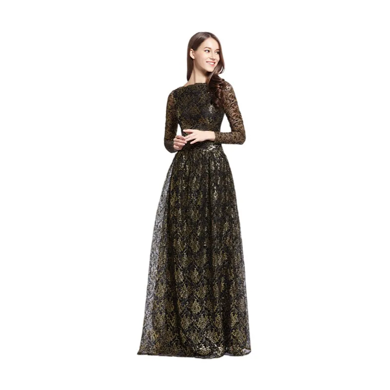 foreign trade Middle East elegant retro style long sleeves fall to the ground gilded lace Muslim women's dress