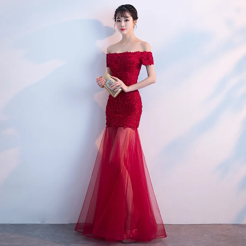 Robe de soiree New Arrival Red Boat Neck Bouquet Evening dress Mermaid Lace Up vestido de festa Party Prom dresses Custom made