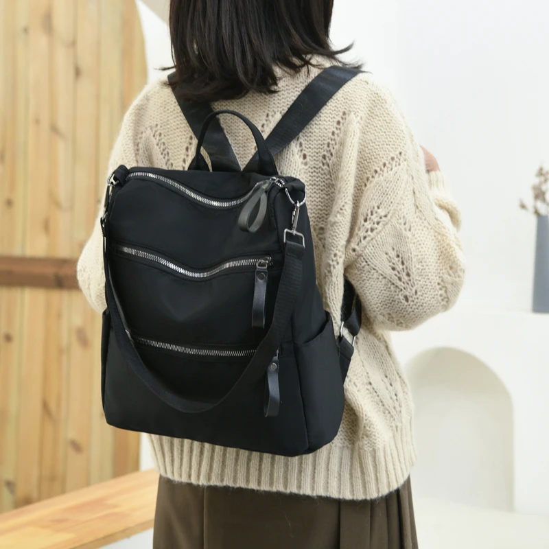 Mochila de Nylon Preto Multibolso para Mulheres, Bolsa de Viagem Padrão Simples Feminino, Mochila Escolar de Alta Qualidade para Adolescentes,