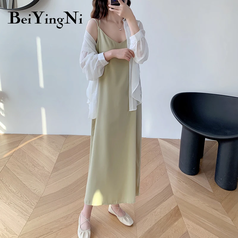 Beiyingni Black Spaghetti Strap Dress Long Casual Backless Basic Chiffon Casual Sexy Korean Elegant Maxi Party Dress Vestidos