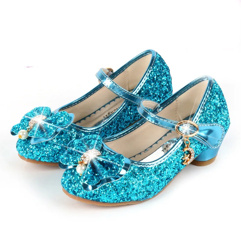 New Princess Kids Leather Shoes For Girls Flower Casual Glitter Party Children High Heel Shoes Butterfly Knot Blue Pink Silver