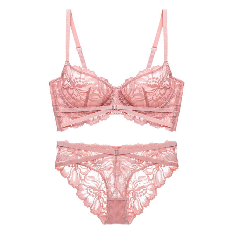 New Pink Female Transparent Bra And Panties Sets Floral Embroidery Ultra Thin Lace Bras Women Underwear Set Female Sexy Lingerie