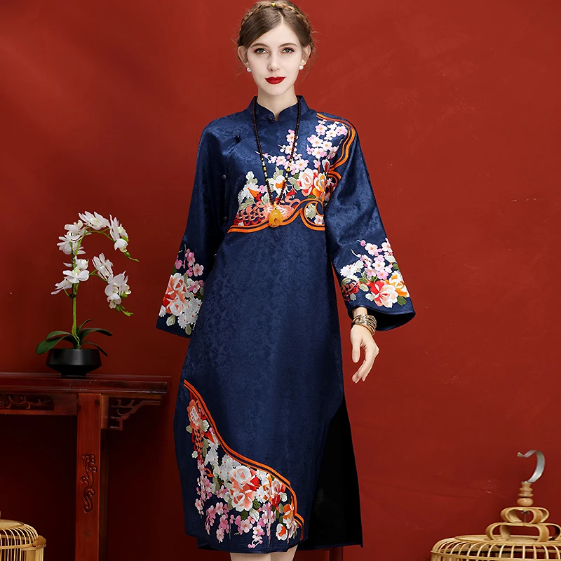 

High-End Summer Women Chinese Style Floral Dress Jacquard Embroidery Cheongsam Elegant Slim Lady A-line Qipao Party Dress M