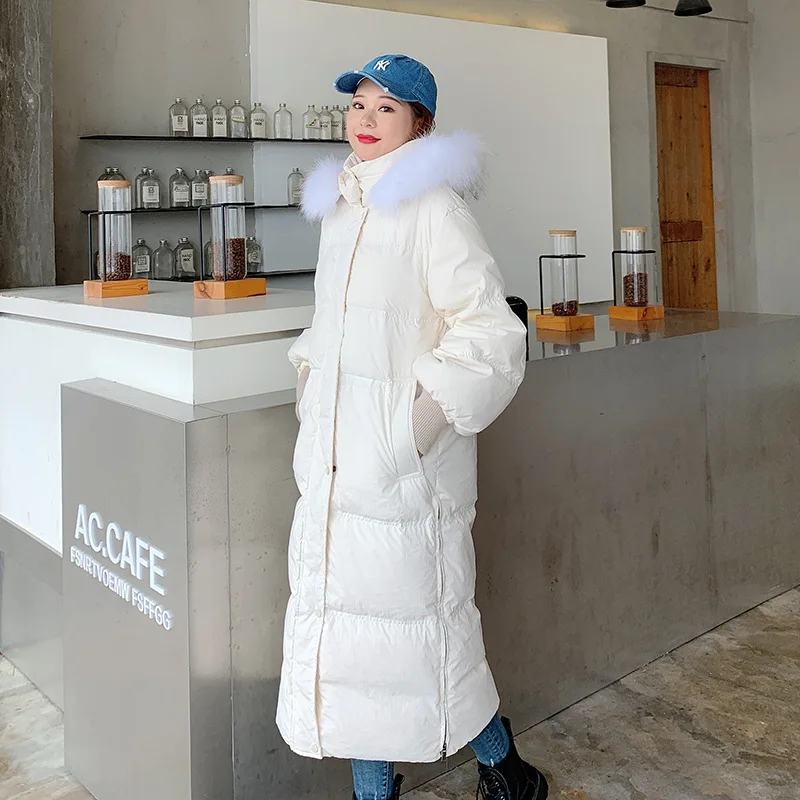 

Winter Women white thick Down Jacket White Duck Down Jackets fur collar Long Sleeve Warm Coat Parka Female Portable Outwear slim