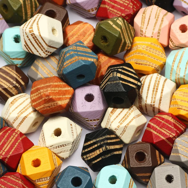 10Pcs 12/14/16mm Mixed Color Wood Faceted Beads Stripe Pattern Wooden Spacer Loose Beads For Jewelry Making Diy Accessories