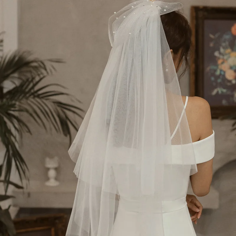 Ivory Tulle Bridal Veil with Bow Short Wedding veils Cheap Bride accesorios para boda Wesele velo de novia