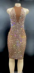 Sexy Singer Rhinestone Short Dress Birthday Wedding Prom Party Costume Women Dancer Transparent Dress