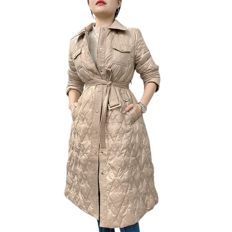 Knee High Winter Warm White Duck Down Coats with Belt 2021 New Light Weight Lady Solid Outwear Coats Duck Down Coat for Women