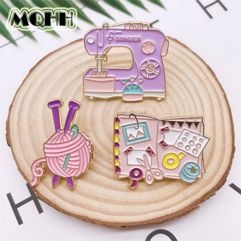 Cartoon Cute Pink Sewing Machine Knitting Yarn Books Scissors Enamel Brooch Alloy Badges Clothes Bags Pins Accessories Jewelry