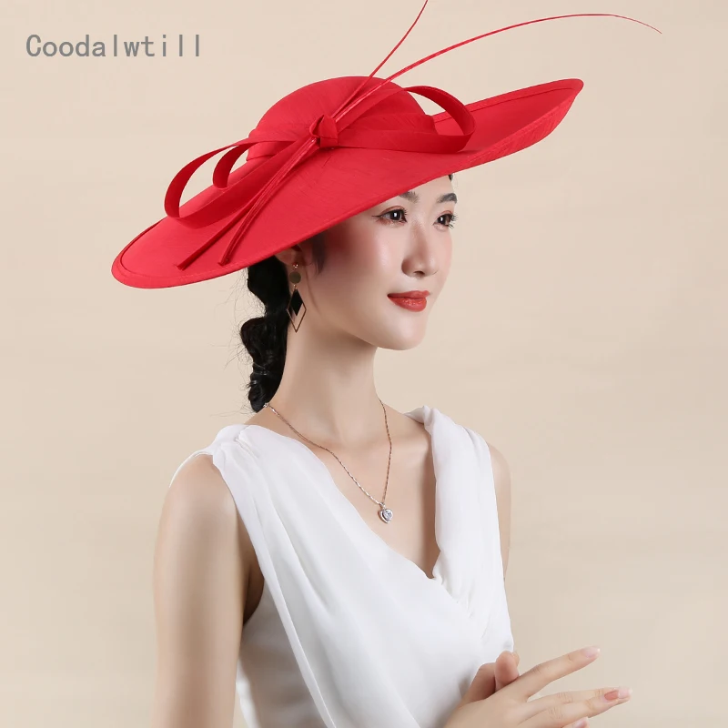 Big Red Kenducky Hat Width Brim Millinery Cap Women Formal Fascinator Hat Wedding Lady Nice Headpiece Cocktail Occasion Fedora