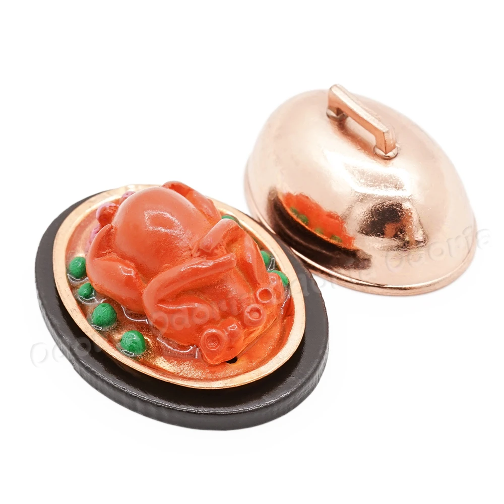 Odoria 1:12 Miniature Roast Turkey Food Dish with Metal Cover Set Mini Simulation Food Kitchen Set Doll House Accessories Decor