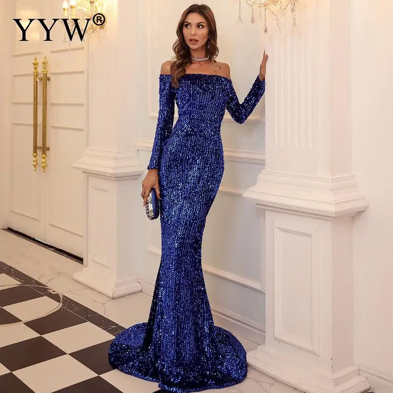 Highclass Sequins Evening Dresses Off The Shoulder Straight Strapless Floor Length Court Elegant Formal Celebration Party Dress