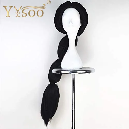 YYsoo Long Princess Cosplay Wig Synthetic Hair Kinky Straight Black Color Braided Middle Part Costume Wigs for Women Party Use