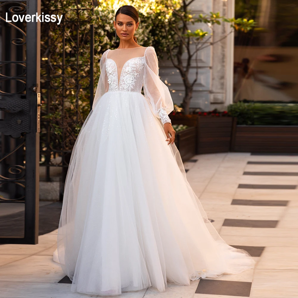 Loverkissy-vestidos de novia con manga larga de linterna, ropa de novia con apliques de encaje, de princesa, para fiesta