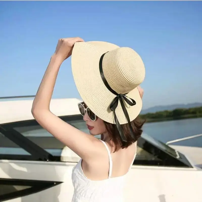 

Summertime Simple Wide Brim Floppy Women Summer Beach Sand Sunshade Straw Bucket Hat Outdoor Ultraviolet-Proof Travel Caps