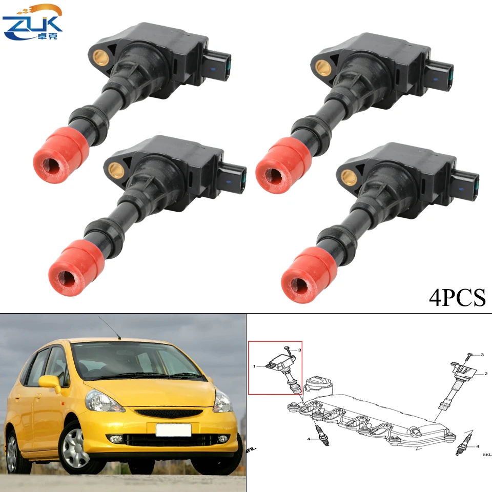 ZUK 4PCS Front Ignition Coil Spark Candle For HONDA CITY 2007-2008 FIT Sedan 2003-2006 GD6 JAZZ 2005-2008 GD1 1.3L 30520-PWA-003