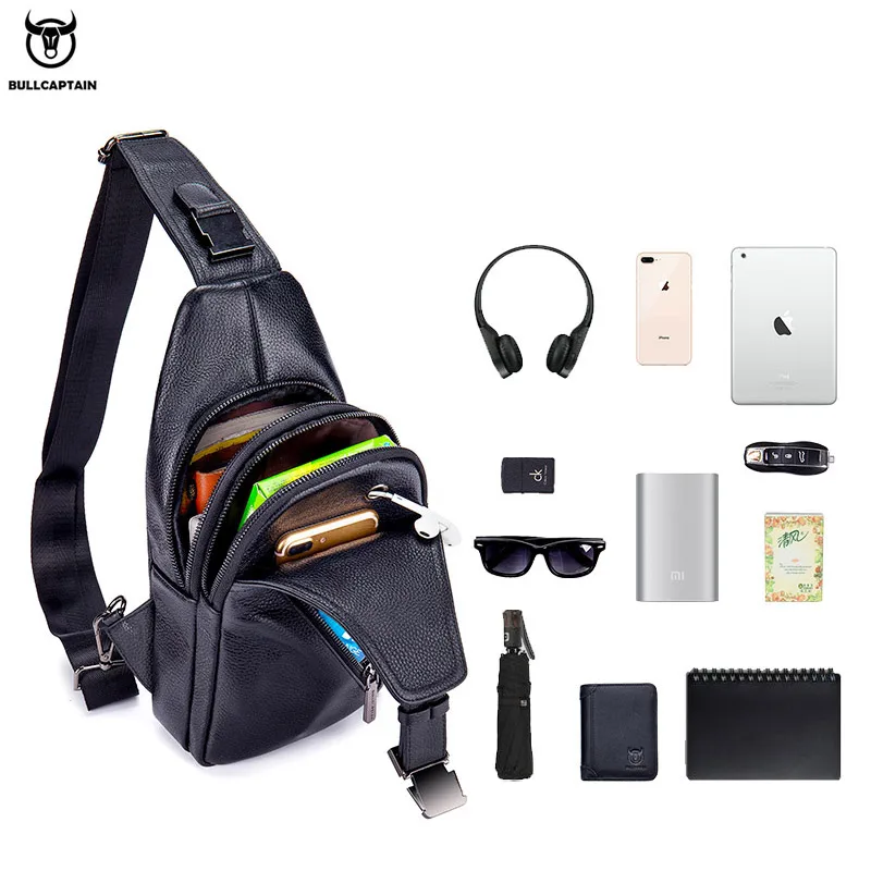BULLCAPTAIN-Bolso de pecho de cuero para hombre, bolsa de almacenamiento de viaje multifunción, bandolera con cremallera