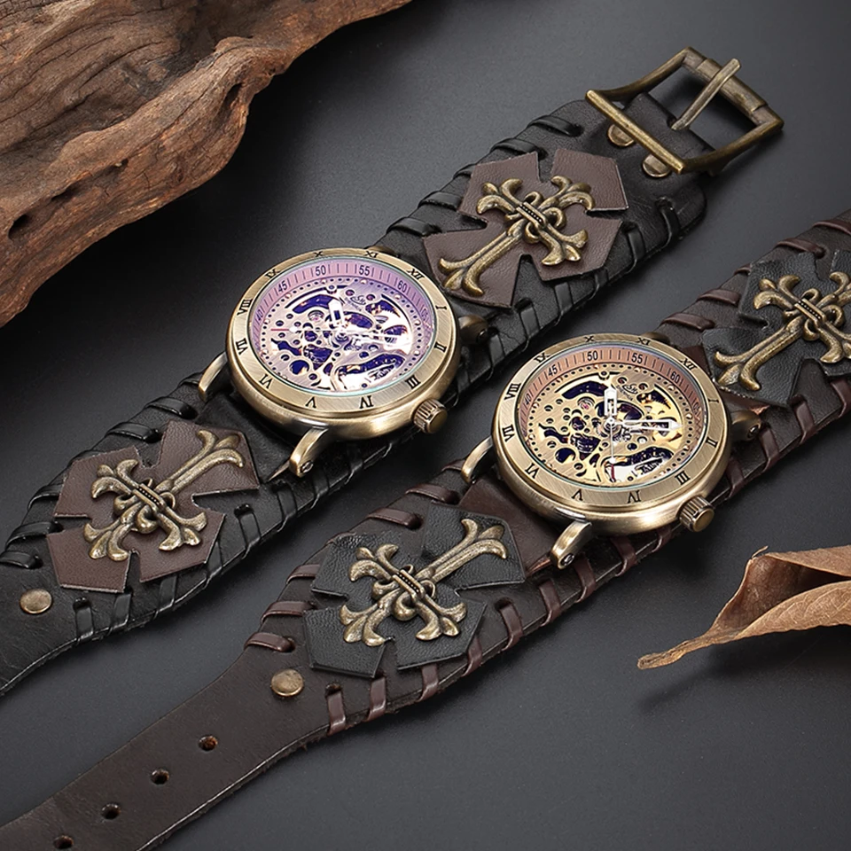 Antique Skeleton Dial Men Automatic Mechanical Watch Vintage Gothic Clock Steampunk Self Winding Watches Brown Rock Reloj Hombre