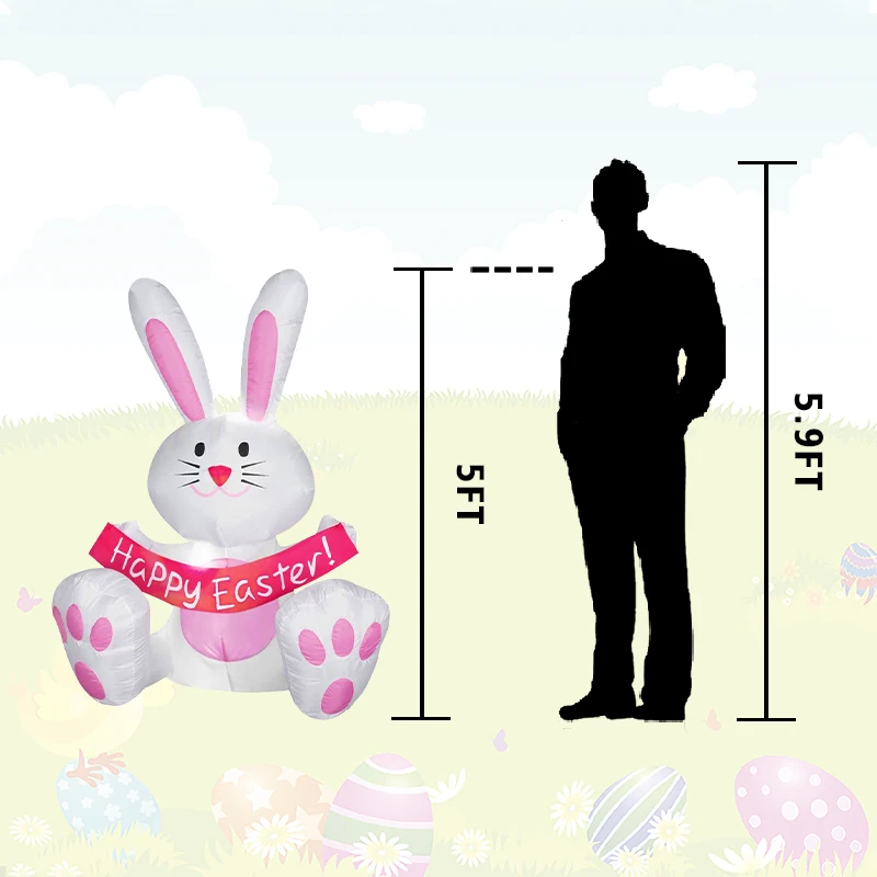 5 ft Easter Inflatable Happy Easter Bunny Air blown Inflatable LED Light Happy Easter Banner Inflatable Yard Outdoor Decoration