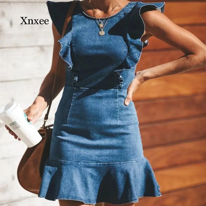 

2021 Summer Women's Ruffled Stretch High Waist Denim Dress Women's Blue Short Sleeve O-Neck Party Jeans Mini Dress