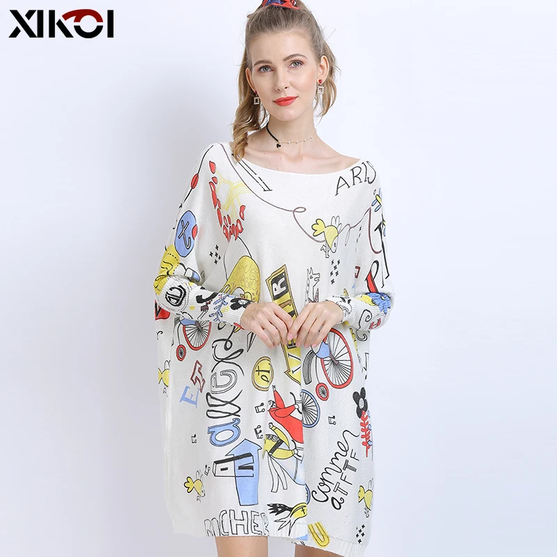 XIKOI Winter Oversized Sweaters For Women Warm Long Pullover Dresses Fashion Creativity Print Jumper Knitted Sweaters Pull Femme