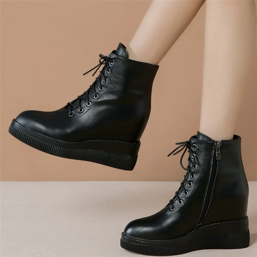 

Pumps Shoes Women Lace Up Genuine Leather Wedges High Heel Ankle Boots Female High Top Round Toe Fashion Sneakers Casual Shoes