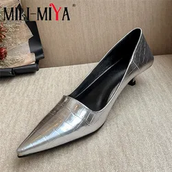 MILI-MIYA New Arrival Women Cow Leather Pumps Sexy Pointed Toe Slip On Low Thick Heels Silver Color Dress Party Shoes Size 34-43