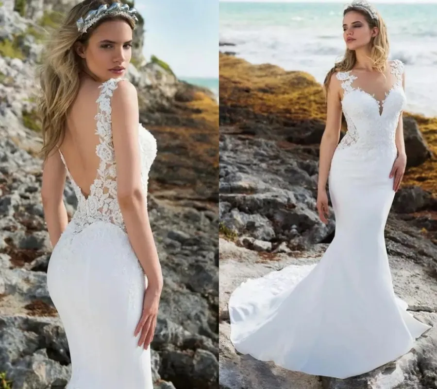 

Beach Mermaid Wedding Dresses Sheer O-Neck Sleeveless Satin Lace Appliques Long Sweep Train Bridal Gown Vestidos De Noiva