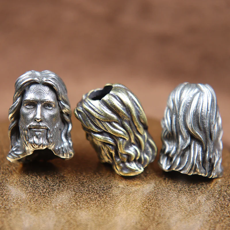 Christianity Jesus Savior Head Sculpture Brass Paracord Beads DIY EDC Keychain Outdoor Folding Knife Lanyard Hanging Accessories