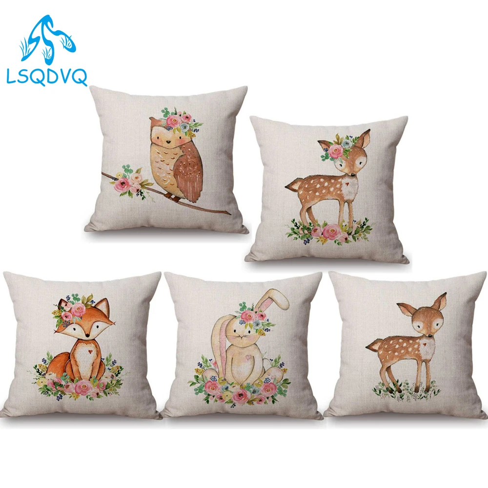 Funda de cojín con dibujos de animales para sofá, funda de cojín con diseño de ciervo, búho, oso, zorro, conejo, decoración para el hogar y la sala de estar