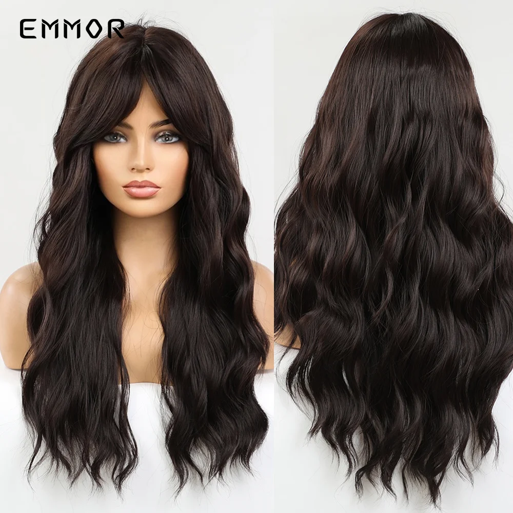 Emmor Synthetic Natural Black Brown Water Wavy Wigs with Bangs Dark Brown Wave Hair Wig  for Women Heat Resistant Fiber Hair Wig