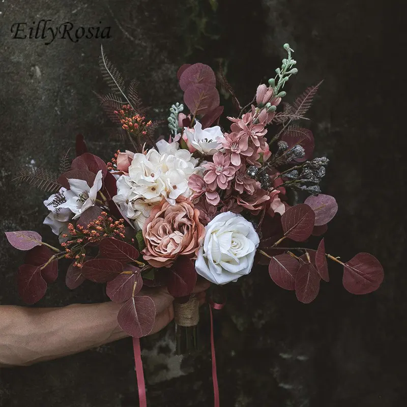 Eillyrosia buquê de flores de casamento retrô, café, vermelho, branco, poeira, suporte, flores, imitação de buquê de noiva, adereços de fotografia