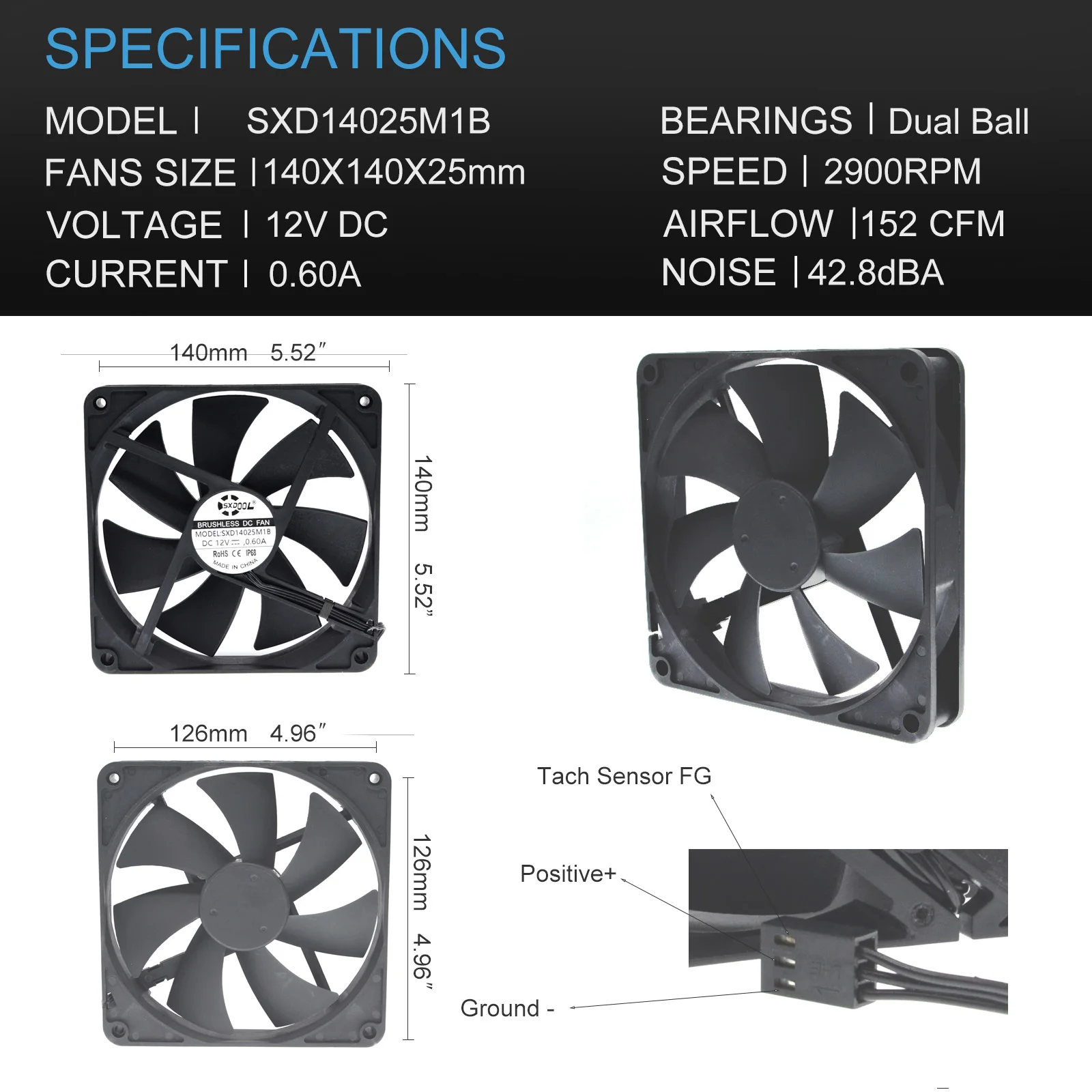 140mm 14cm Computer Case Cooling Fan PC Waterproof Dustproof,2900RPM 140X140X25mm Dual Ball 12V,High Speed IP68 Cooler