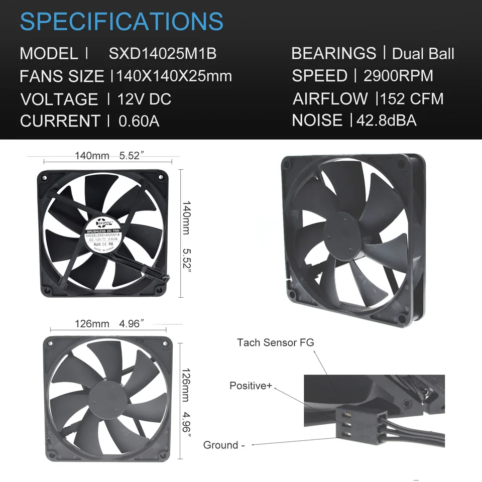防水コンピューターケース冷却ファン,140mm,14cm,2900rpm,x x 25mm