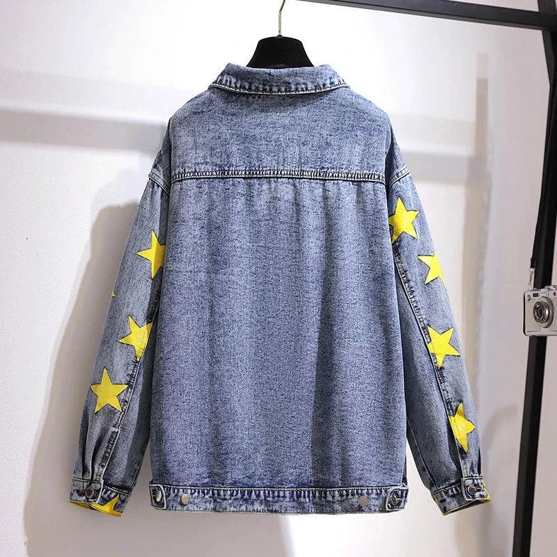 New Female Single Breasted Panelled Star Print Denim Jacket Women Turn Down Collar Cardigan Outerwear Plus Size