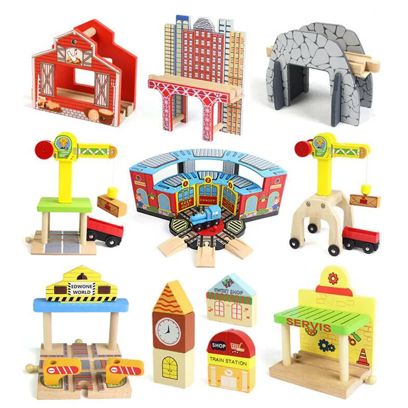 Wooden Train Track Parts Beech Wooden Railway Track Accessories Bridge Tunnel Cross Compatible Biro Wood Train Educational Toys