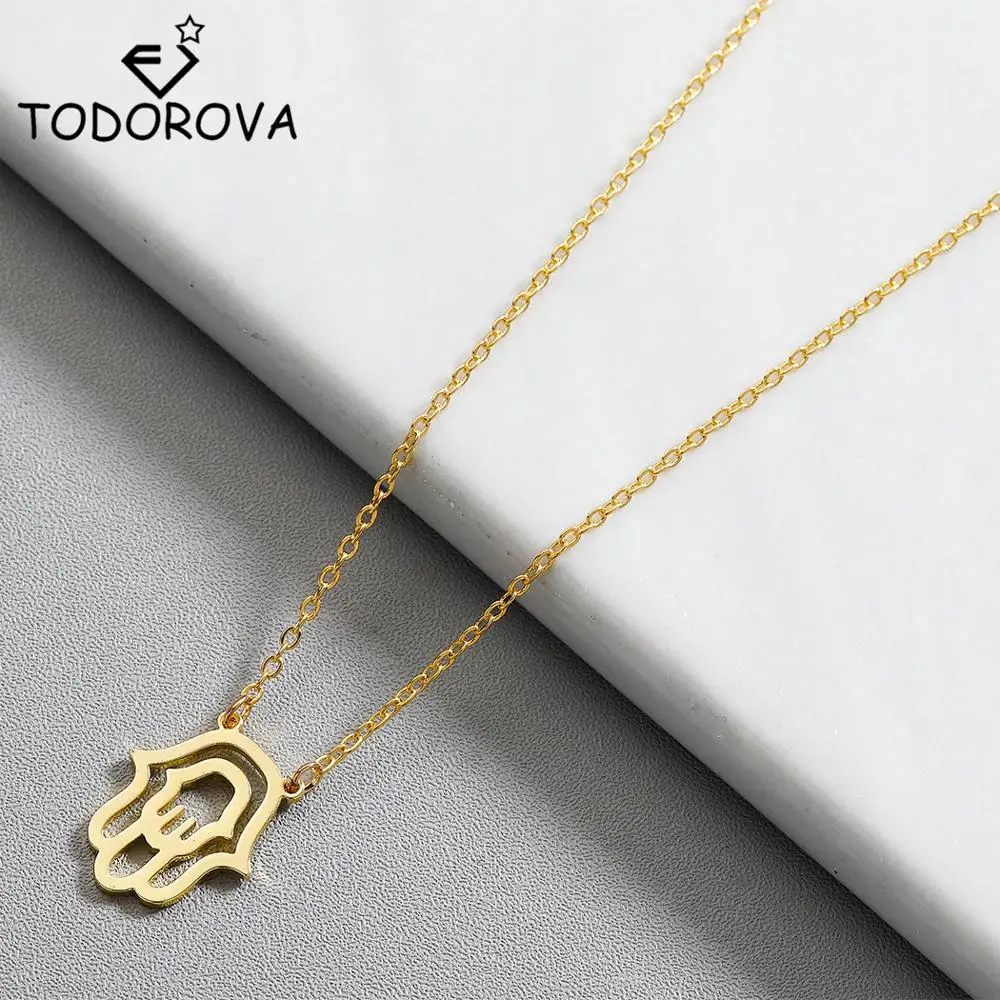 Todorova Stainless Steel Hamsa Hand Pendant Necklaces for Women Men Amulet Gold Color Hand of Fatima Choker Islamic Jewelry