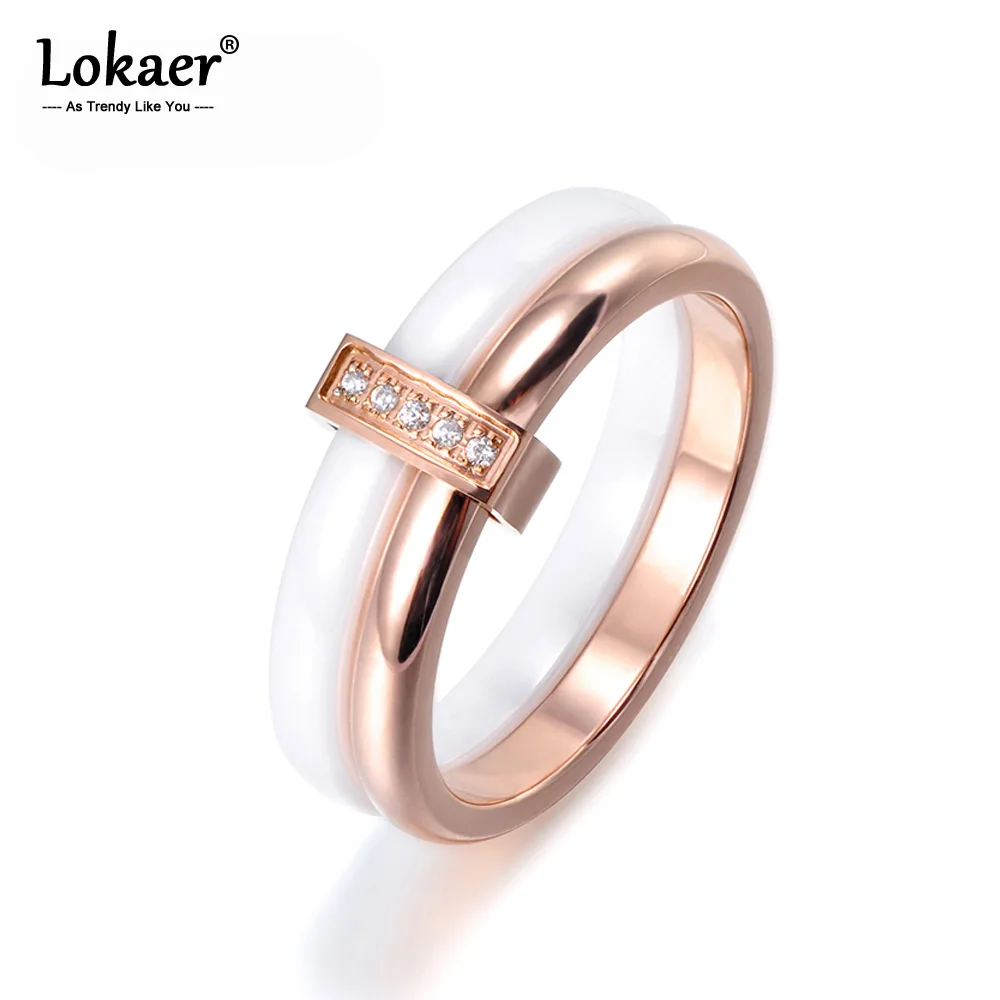 Lokaer Original Titanium Stainless Steel Anniversary Rings Mosaic CZ Crystal White Ceramic Wedding Rings For Women Girls R17047