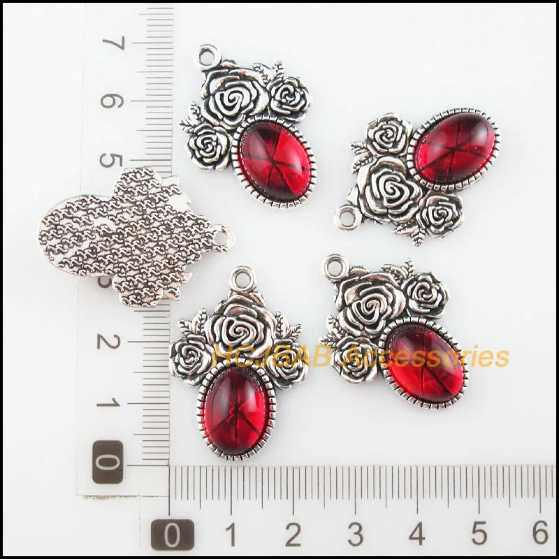 6Pcs Tibetan Silver Tone Ellipse Red Glaze Charms Rose Flower Pendants 23x32mm