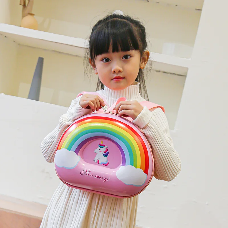 Mochilas anti-perdidas do unicórnio dos desenhos animados para meninas, Bolsas escolares casca ovo, linda mochila arco-íris para criança, saco kawaii