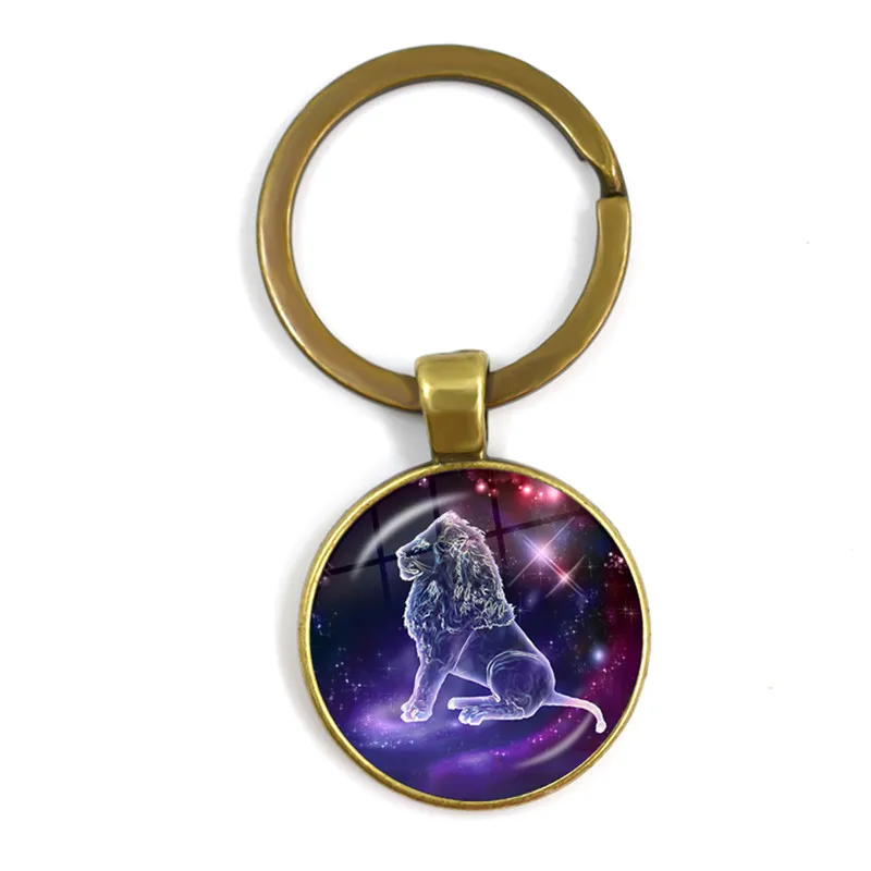 12 Constellation Zodiac Sign Keychain Sphere Glass Dome Key Rings Single Side Scorpio Leo Aries Birthday Gift for Women and Mens