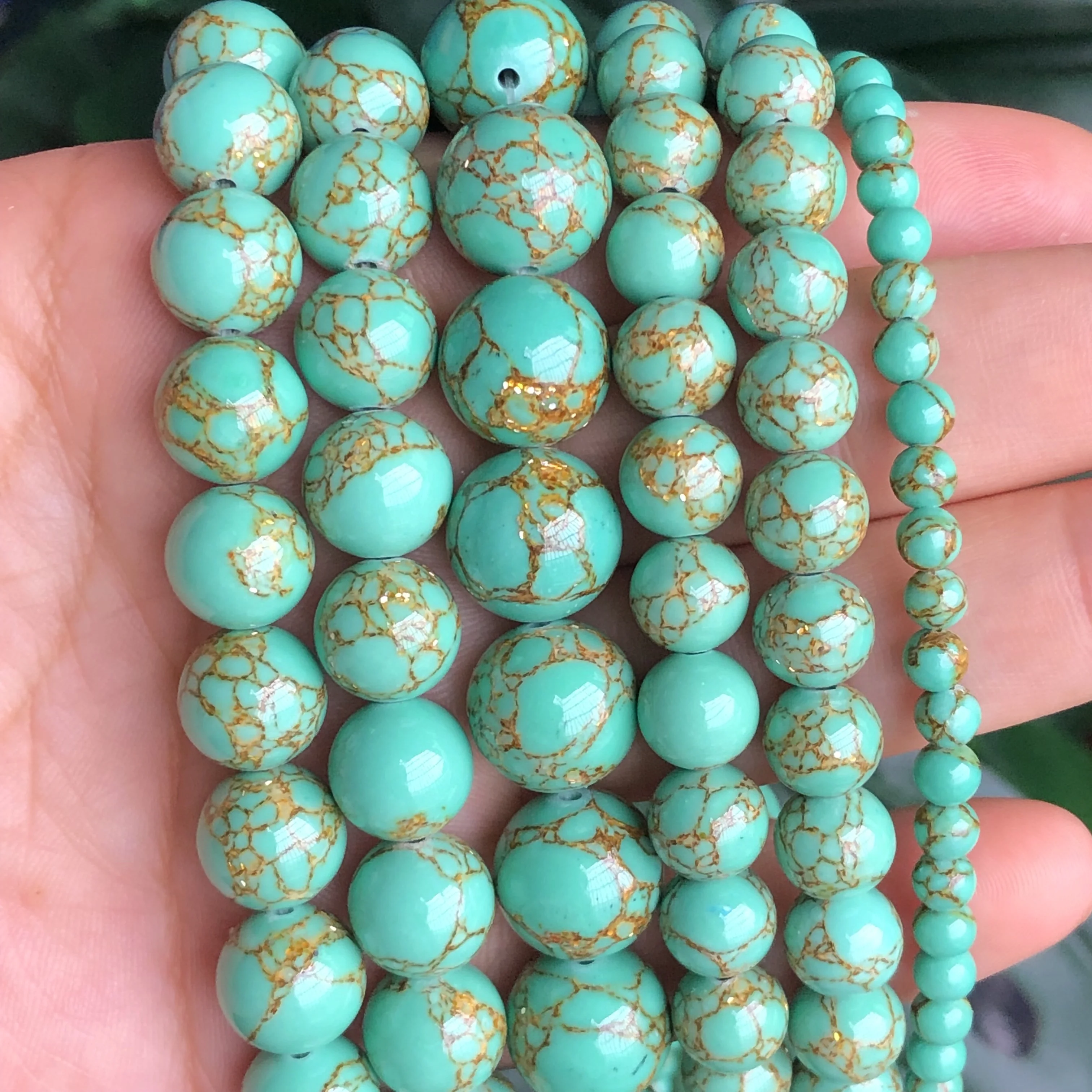 Green Gold Line Turquoises Stone Round Loose Spacer Bead For Jewelry Making DIY Bracelet Necklace Jewelery 4/6/8/10/12mm 15inch