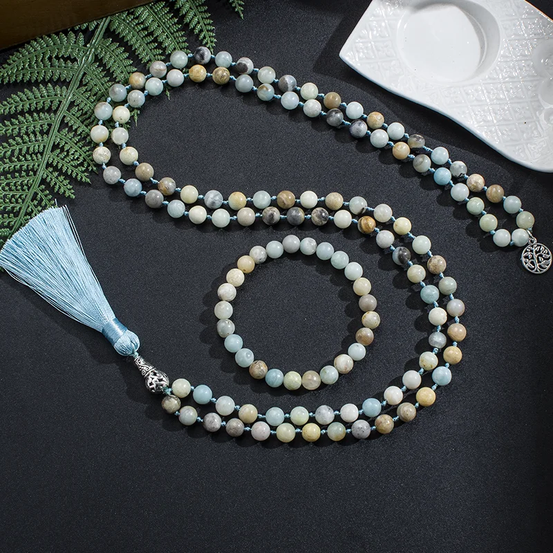 8mm Natural Amazonite Japamala Necklace Yoga Meditation Blessing Jewelry Sets 108 Mala Beads Knotted Men and Women Charm Rosary