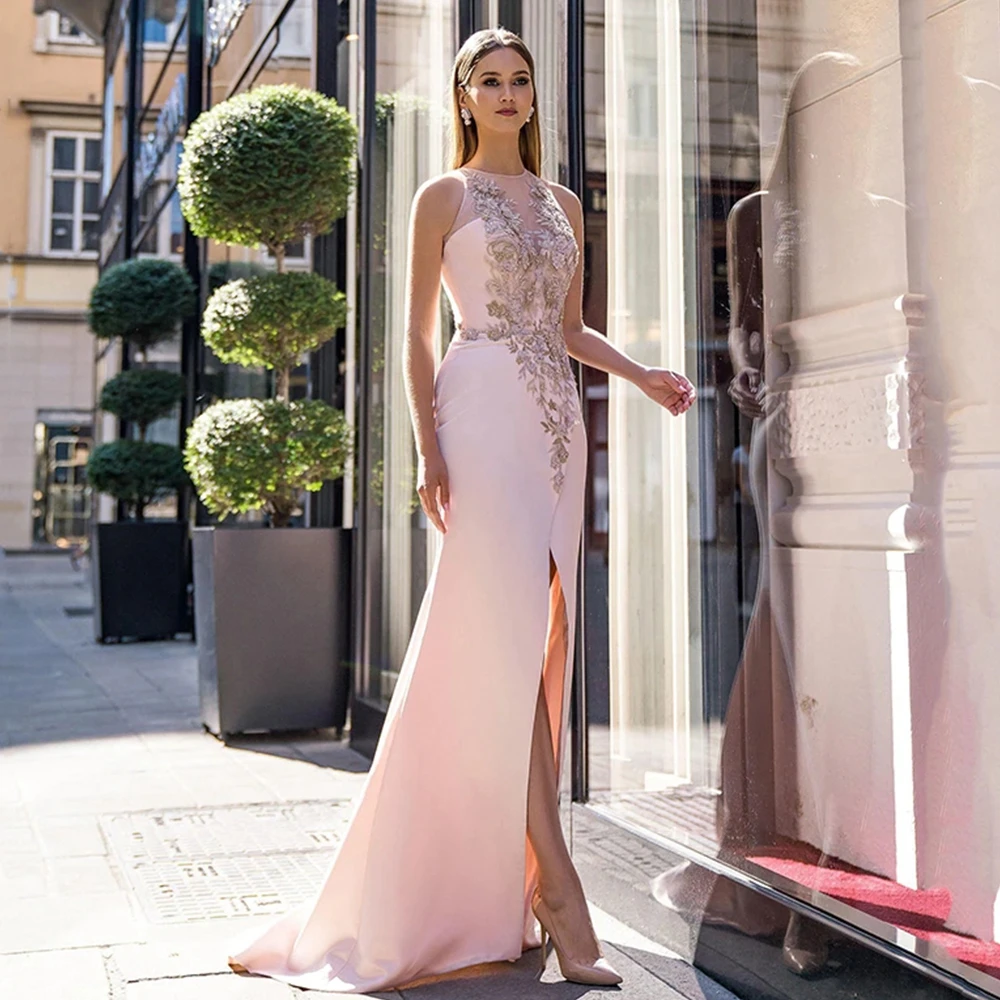 Vestido de noite com fenda frontal longa, O pescoço, sem mangas, elegante até o chão Prom Jersey, vestido de festa sereia, 202