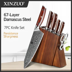 XINZUO 7PCS Kitchen Knives Sets Damascus Steel Chef Knife Sets Stainless Steel Kitchen Scissors  Acacia Wood Knife Block Holder