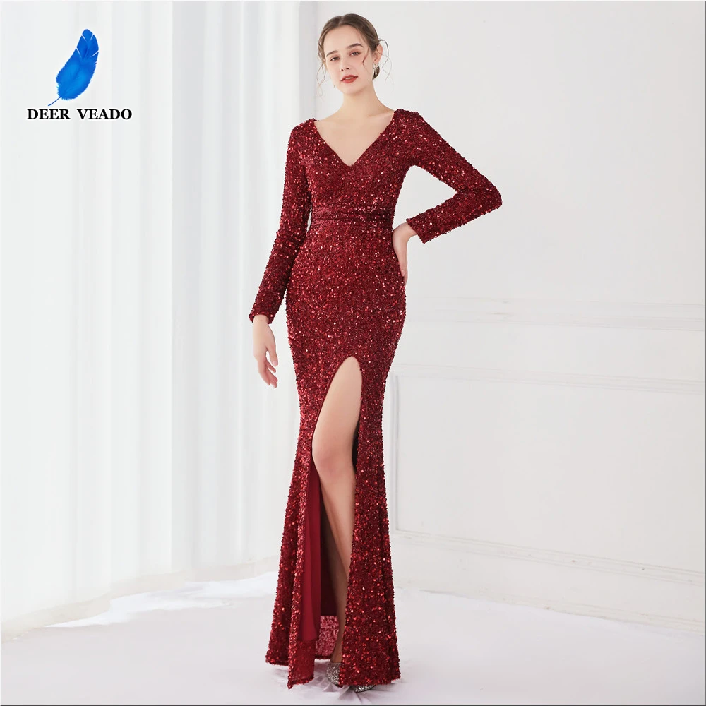 

DEERVEADO Elegant V Neck Mermaid Evening Dresses Side Split Long Sleeve Women Party Dresses Maxi Dress K19118