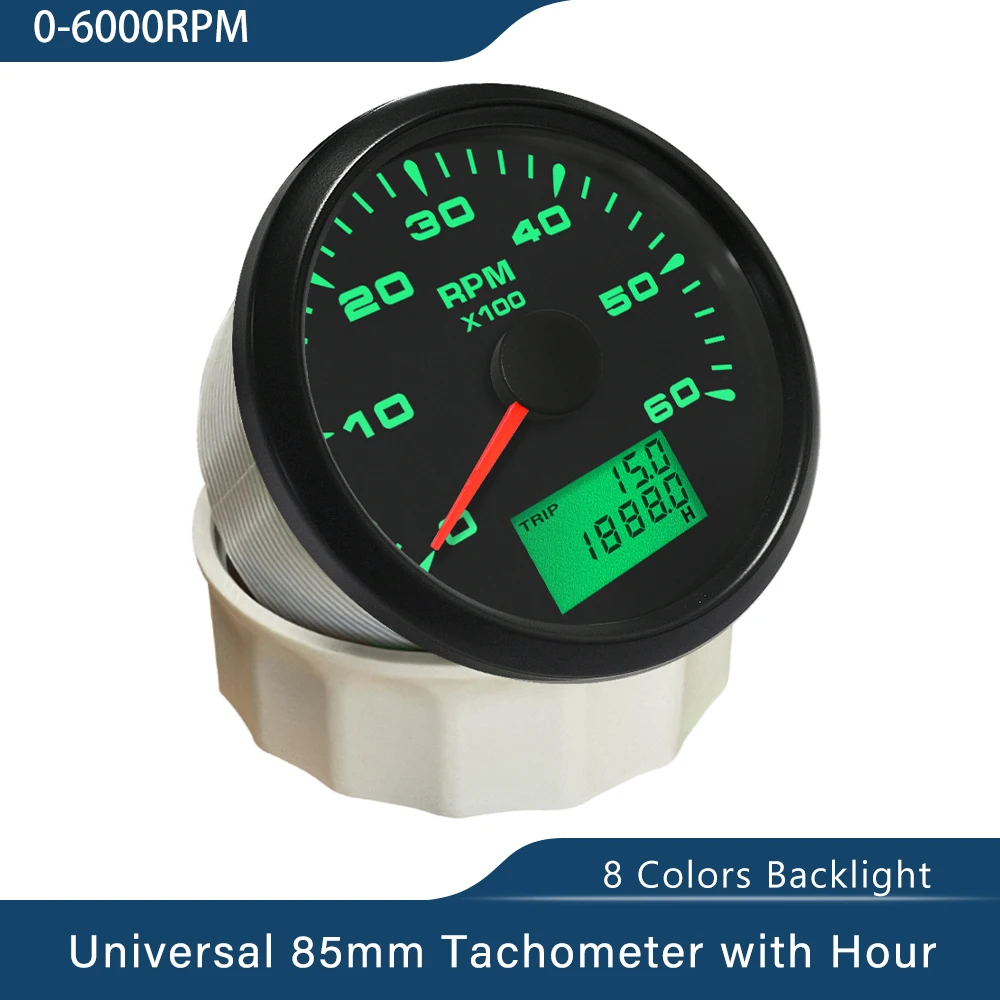 85mm 8 Colors Backlight Waterproof Tachometer Gauge with Hour Meter 6K 8K Tachometer Gauge 9V 32V Fit Universal Car Boat